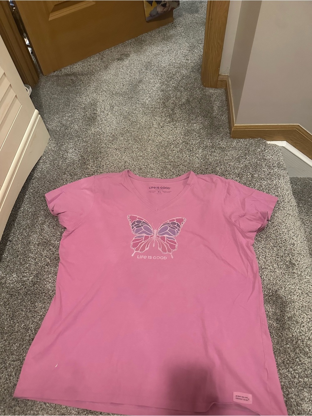 Life Is Good Pink V‑Neck Tee with Butterfly Graphic
